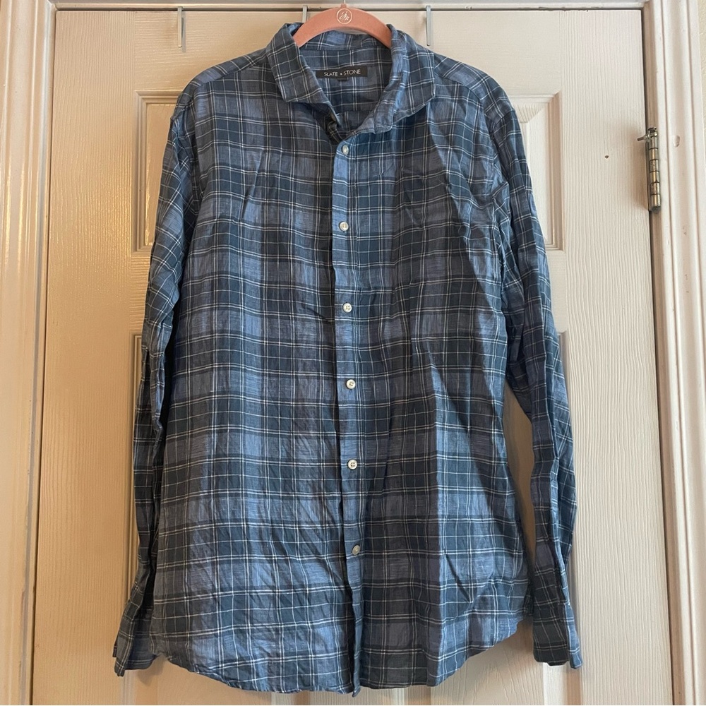 Slate & Stone Size XL Blue White Plaid 100% Linen Button Down Shirt